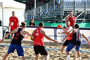 Deutsch: Beachhandball Europameisterschaften 2019 (Beach handball Euro); Tag 1: 2. Juli 2019 – Männer, Vorrunde Gruppe D, Frankreich-Montenegro 2:0 (19:7, 18:9) English: Beach handball Euro; Day 1: 2 July 2019 – Men Preliminary Round Group D – France-Montenegro 2:0 (19:7, 18:9)