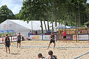 Deutsch: Beachhandball Europameisterschaften 2019 (Beach handball Euro); Tag 2: 3. Juli 2019 – Männer, Vorrunde Gruppe B, Russland-Dänemark 2:0 (22:16, 21:17) English: Beach handball Euro; Day 2: 3 July 2019 – Women Preliminary Round Group A – Men Preliminary Round Group B – Russia-Denmark 2:0 (22:16, 21:17)