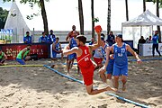 Deutsch: Beachhandball Europameisterschaften 2019 (Beach handball Euro); Tag 2: 3. Juli 2019 – Männer, Vorrunde Gruppe B, Slowenien-Serbien 1:2 (16:20, 19:18, 6:7) English: Beach handball Euro; Day 2: 3 July 2019 – Men Preliminary Round Group B – Slovenia-Serbia 1:2 (16:20, 19:18, 6:7)