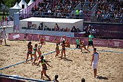 Deutsch: Beachhandball bei den Olympischen Jugendspielen 2018; Tag 4, 10. Oktober 2018; Mädchen, Vorrunde, Gruppe A - Ungarn-Chinese Taipei (Taiwan) 2:0 English: Beach handball at the 2018 Summer Youth Olympics at 10 October 2018 – Girls Preliminary Round Group A‎ – Hungary-Chinese Taipei 2:0