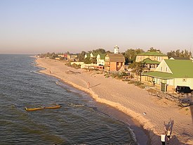 The coast of the bay, with Bilosarayska Spit.