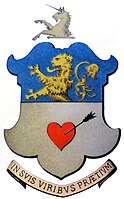 Représentation du blason de la famille noble d'Albert où figure le blasonnement expliqué dans le texte avec une partie bleue au-dessus avec un lion ainsi que du gris au-dessous avec un cœur de flèche.