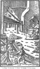 Gambar potongan kayu menunjukkan pria di perapian terbuka dengan penjepit dan mesin bellow ke samping di latar belakang, pria di palu yang dioperasikan dengan air dengan pintu air pendingin di dekatnya di latar depan