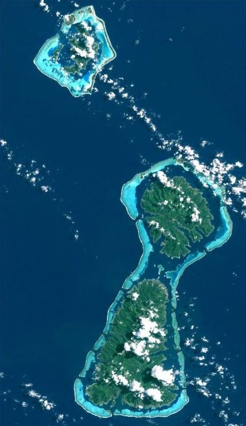 The islands of Bora Bora (top) Tahaa (middle) and Raiatea (bottom). Tahaa and Raiatea share the same lagoon.