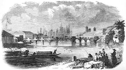 Bridge of Binondoc in Manila, early 19th century. Original caption: Pont de Binondoc à Manille. From Aventures d'un Gentilhomme Breton aux iles Philippines (1855) by Paul de la Gironière.