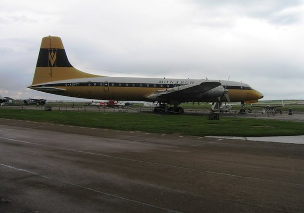 One of Monarch's oldest aircraft, a Bristol Britannia 300 which can be seen today at Duxford Airfield