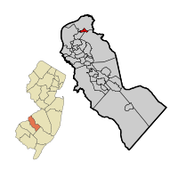 Merchantville highlighted in Camden County. Inset: Location of Camden County in the State of New Jersey