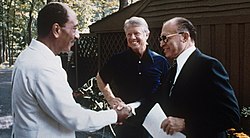 Menachem Begin, Jimmy Carter and Anwar Sadat at Camp David, 1978 Camp David, Menachem Begin, Anwar Sadat, 1978.jpg