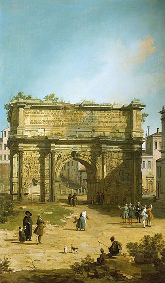 The Arch of Septimius Severus in Rome, painted by Canaletto in 1742. Five bollards stand beyond the arch, apparently placed to protect it from vehicle damage.