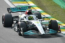 Lewis Hamilton at the Sao Paulo Grand Prix where he finished 2nd. 2022 would be the first season in his 16-year F1 career without a race win. Cheering for Hamilton's overtake (52499307609) (cropped).jpg