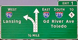 A highway sign using Clearview in Farmington Hills, Michigan, near the terminus of westbound I-696 (2005) ClearviewBGS-I696W-I275-I96.JPG