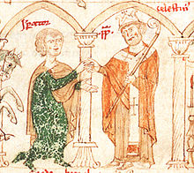 Henry and Pope Celestine, from Liber ad honorem Augusti by Peter of Eboli, 1196 Coelestin III.jpg