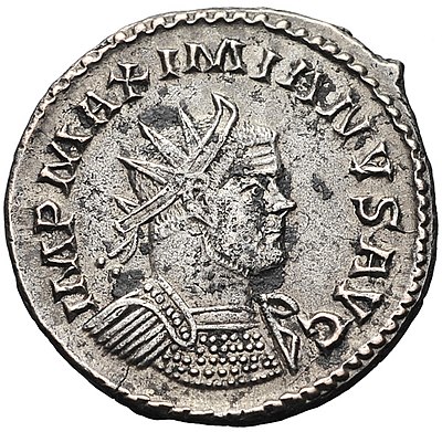 Antoninianus of Maximian. Legend: .mw-parser-output span.smallcaps{font-variant:small-caps}.mw-parser-output span.smallcaps-smaller{font-size:85%}imp maximianus aug.