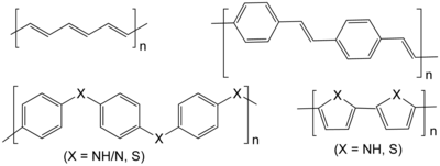 Chemical structures of some conductive polymers. From top left clockwise: polyacetylene; polyphenylene vinylene; polypyrrole (X = NH) and polythiophene (X = S); and polyaniline (X = NH) and polyphenylene sulfide (X = S). ConductivePoly.png