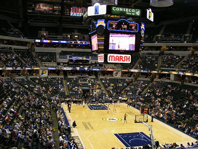 A Pacers' preseason game, showing the original scoreboard, during the Conseco Fieldhouse era