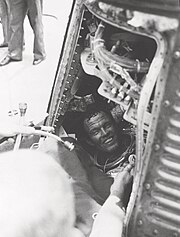 May 16, 1963: Gordon Cooper inside Faith 7 aboard carrier USS Kearsarge Cooper Inside Faith 7 After Hatch is Blown - GPN-2000-001334.jpg