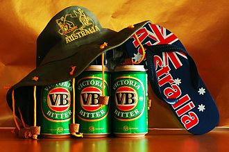 A cork hat, Australian beer and a thong Cork hat and beer.jpg