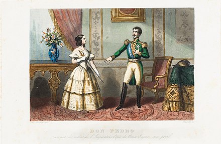 Emperor Pedro I of Brazil is visibly surprised by his wife Amélie as she presents him with the sword that belonged to her father Eugène de Beauharnais.