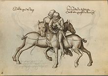 First plate of the mounted grappling (Ringen zu Ross) section in Hans Talhoffer (1467) De Fechtbuch Talhoffer 259.jpg