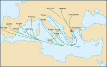 carte de l'Europe montrant les migrations depuis l'Espagne, l'Italie et l'Europe centrale vers Salonique