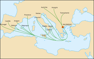 harta Europei care arată migrația din Spania, Italia și Europa Centrală către Salonika