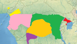 alt= * Rosa: Lophocebus albigena * Naranja: Lophocebus aterrimus * Verde: Lophocebus johnstoni * Violeta: Lophocebus opdenboschi * Amarillo: Lophocebus osmani * Rojo: Lophocebus ugandae