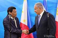 Duterte meets Israeli Prime Minister Benjamin Netanyahu, during the former's state visit to Israel in 2018 Duterte-Netanyahu Meeting 2018.jpg