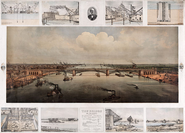 Poster showing the construction of the bridge in different phases, ca. 1874.