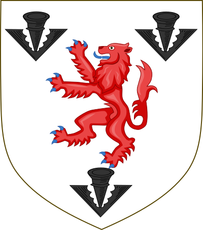 Arms of Egerton: Argent, a lion rampant gules between three pheons sable[2]