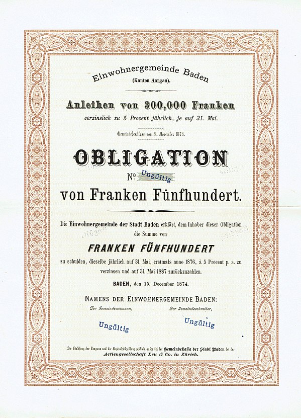 Bond of the Einwohnergemeinde Baden, issued 15. December 1874