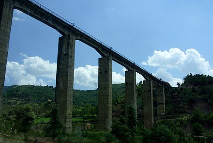 The Bushtrica Bridge in eastern Albania (built in 1973). Eisenbahnbrucke im Shkumbintal Albania.JPG