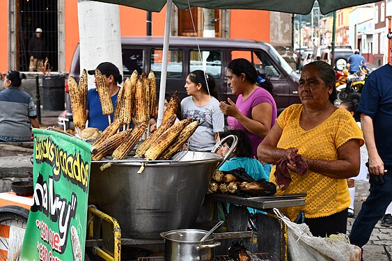 A grilled corn (elote) stand in Tequila (state of Jalisco, Mexico).