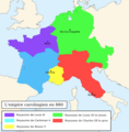 Royaume d'Aquitaine et de Bourgogne en bleu clair en 880 (Carloman II).