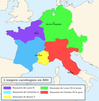 A map showing the divisions of the Carolingian Empire in 880. Louis and his brother Carloman divided the rule of West Francia along traditional lines, with Louis controlling Neustria (in purple) and Carloman controlling Aquitania (in blue).