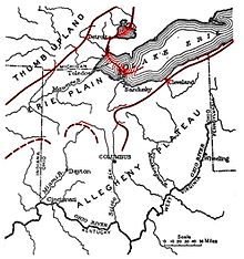 The Erie Plain in Ohio, defined by Lake Erie and the Portage and Marshall Escarpments (in red). The Glaciated Allegheny Plateau in southern Ohio. Erie Plain.jpg