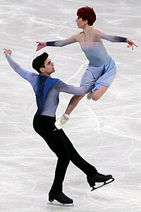 Performing a lift during their free dance at the 2024 World Championships Evgeniia Lopareva & Geoffrey Brissaud 2024 Worlds Free Dance 2.jpg