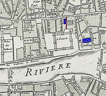 Palais Royal du Louvre çevresindeki Oratory ve Saint-Germain l'Auxerrois kiliseleri, Jouvin'den sonra Nicolas de Fer tarafından yapılan planın bir bölümü, 1676