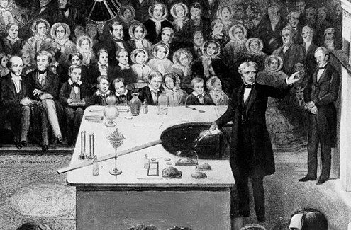 Michael Faraday delivering a Christmas Lecture at the Royal Institution Faraday Michael Christmas lecture detail.jpg