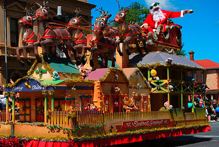 A float in the 2008 Norwood Christmas pageant depicting Father Christmas' sleigh on top of Australian-style historic buildings