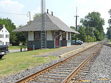 Historic train station in Federalsburg, restored as headquarters of Maryland and Delaware Railroad Federalsburg Station.jpg