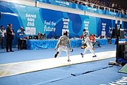 Deutsch: Fechten bei den Olympischen Jugend-Sommerspielen 2018: Tag 1, 7. Oktober 2018, Jungen, Säbel, Viertelfinale - Krisztián Rabb (HUN) - Antonio Heathcock (GER) 15:11 English: Fencing at the 2018 Summer Youth Olympics at 7 October 2018 – Boys' sabre Quarterfinals – Krisztián Rabb (HUN) Vs Antonio Heathcock (GER) 15:11