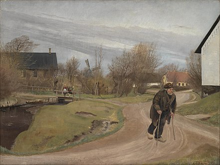 L.A. Ring, Forår i Hals, 1892, Statens Museum for Kunst. Krøblingen på billedet kan tolkes både som lokale Kræn Kyhlen og som Tordenkalven[45].