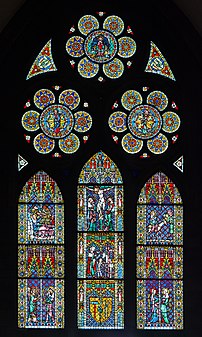 Le « vitrail des Forgerons » (v. 1320), dans la nef septentrionale de la cathédrale Notre-Dame de Fribourg (Bade-Wurtemberg, Allemagne). (définition réelle 3 600 × 6 000)