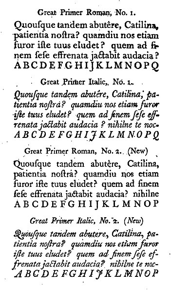 The Fry type foundry's imitations of first Baskerville (above) and then Caslon type (below), shown in a specimen attached to an edition of The Printer