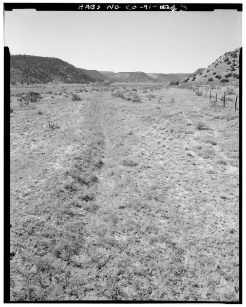 File:General view, irrigation canal northwest end of property, looking west. - Eugene Rourke Ranch, 19 miles east of U.S. Highway 350, Model, Las Animas County, CO HABS COLO,36-MOD.V,7-5.tif