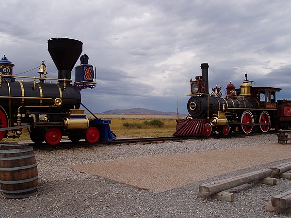 The Golden Spike National Historic Site, with replicas of the Central Pacific's Jupiter and the Union Pacific's No. 119 re-enacting the Golden Spike c