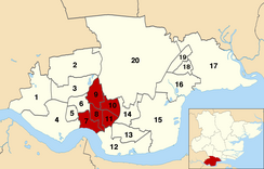 A map of the wards of Thurrock with Grays' wards coloured red