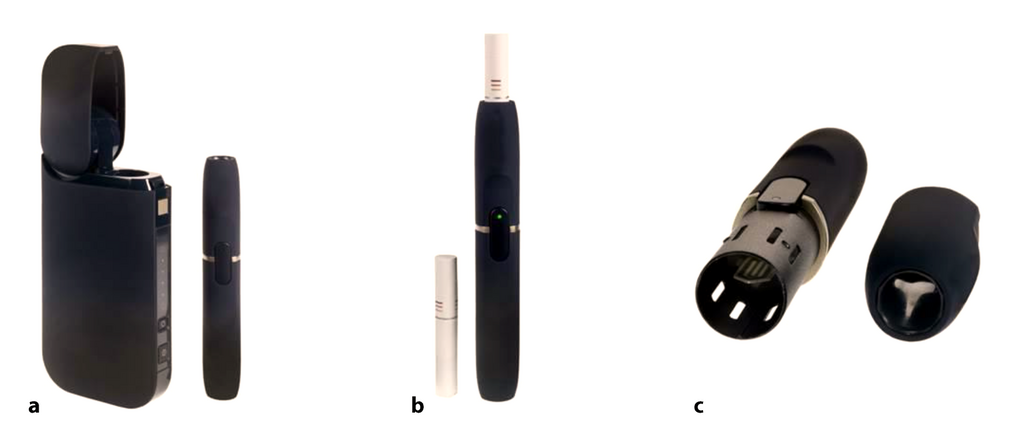 Erhitztes Tabakprodukt. a) Ladegerät (links) und Halter (rechts), b) Tabakstift (links) und Halter mit eingesetztem Tabakstab (rechts), c) zerlegter Halter mit sichtbarem Heizelement (links) und Halterdeckel (rechts).