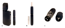 Heated tobacco product. a) Charger (left) and holder (right), b) Tobacco stick (left) and holder with tobacco stick inserted (right), c) Disassembled holder, with heating element visible (left) and the holder's lid (right).