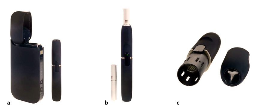 Electrically-heated cigarette system. a) Charger (left) and cigarette holder (right), b) low-temperature cigarette (left) and holder with cigarette inserted (right), c) Disassembled holder, with heating element visible (left) and the holder's lid (right)